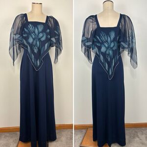 VTG 70s Chiffon Cape Butterfly Capelet Dress Navy Maxi Gown Boho Disco Womens S